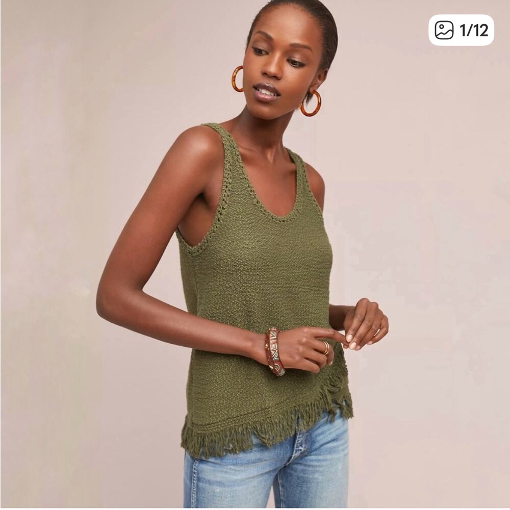 Anthropologie Akemi + Kin Asymmetric Green Fringed Sweater Tank Top